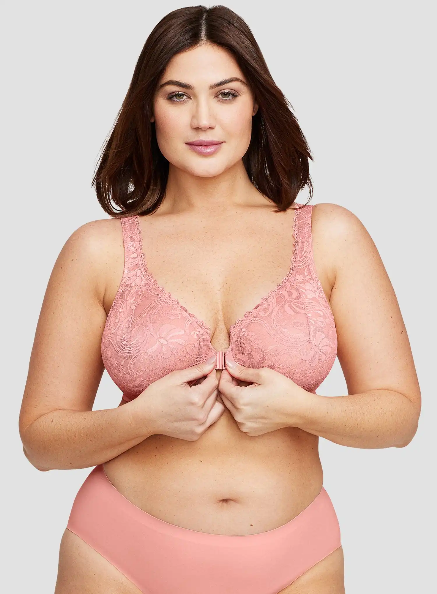 Glamorise: All Over Lace Front Opening Wonderwire Bra Apricot