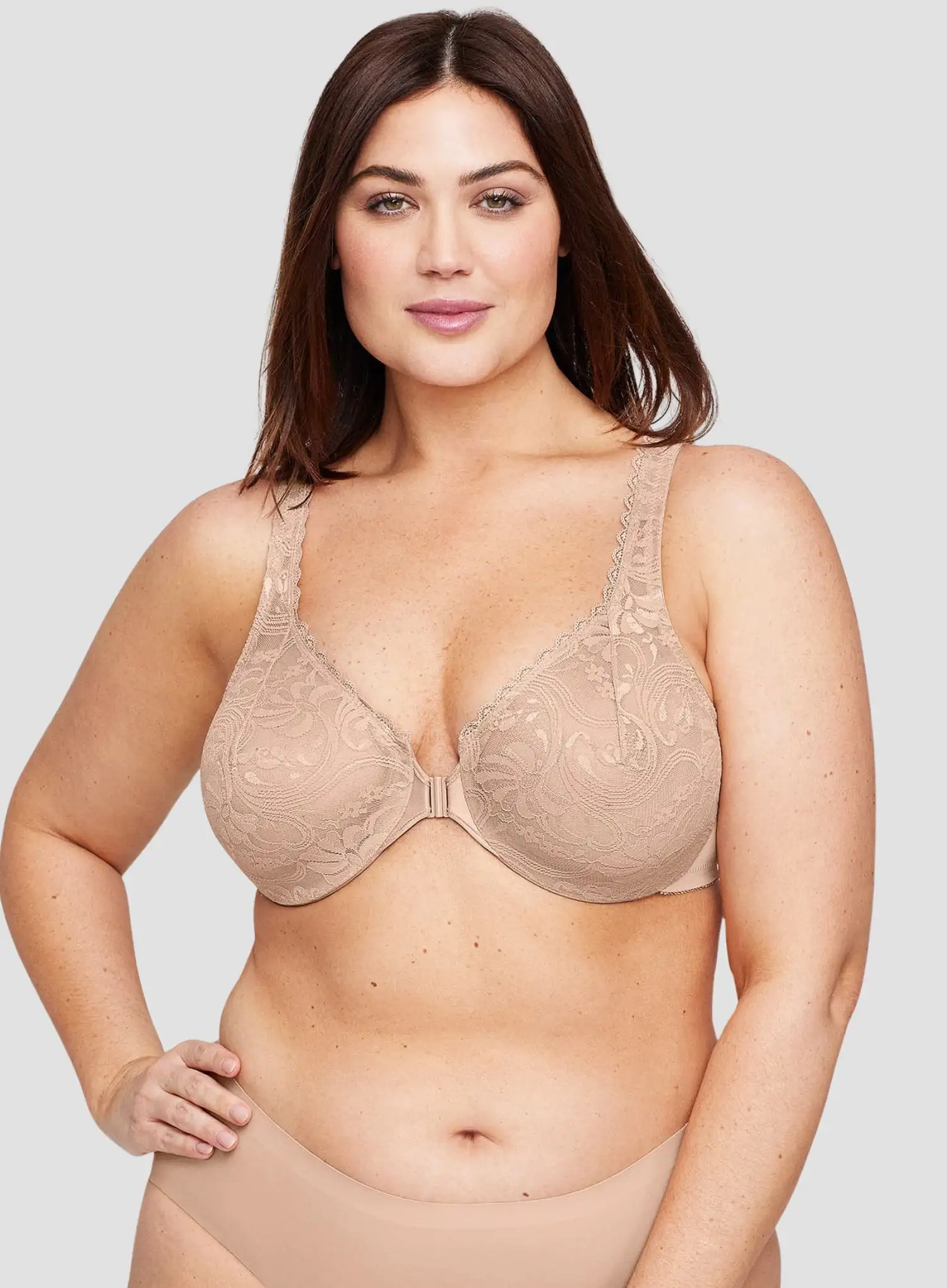 Glamorise: All Over Lace Front Opening Wonderwire Bra Cafe - Image 3